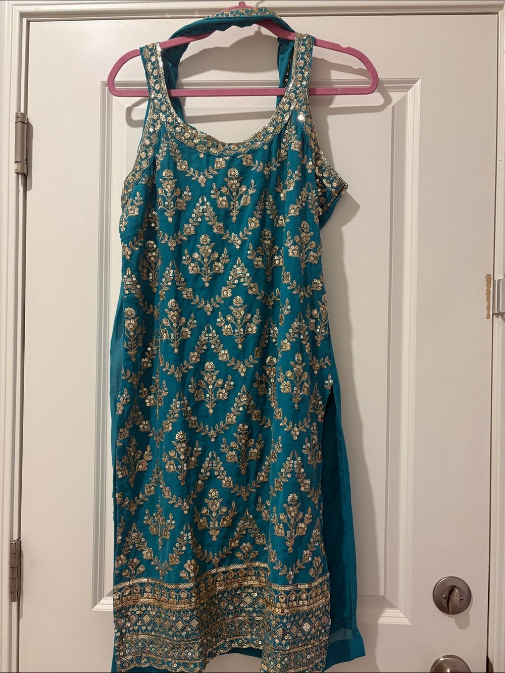 Teal Embroidered Sleeveless Salwar Kameez with Gold Accents
